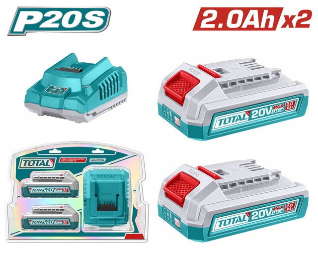 Kit batterie TOTAL P20S 20V 2,0Ah X2 avec chargeur tfbcpk2212