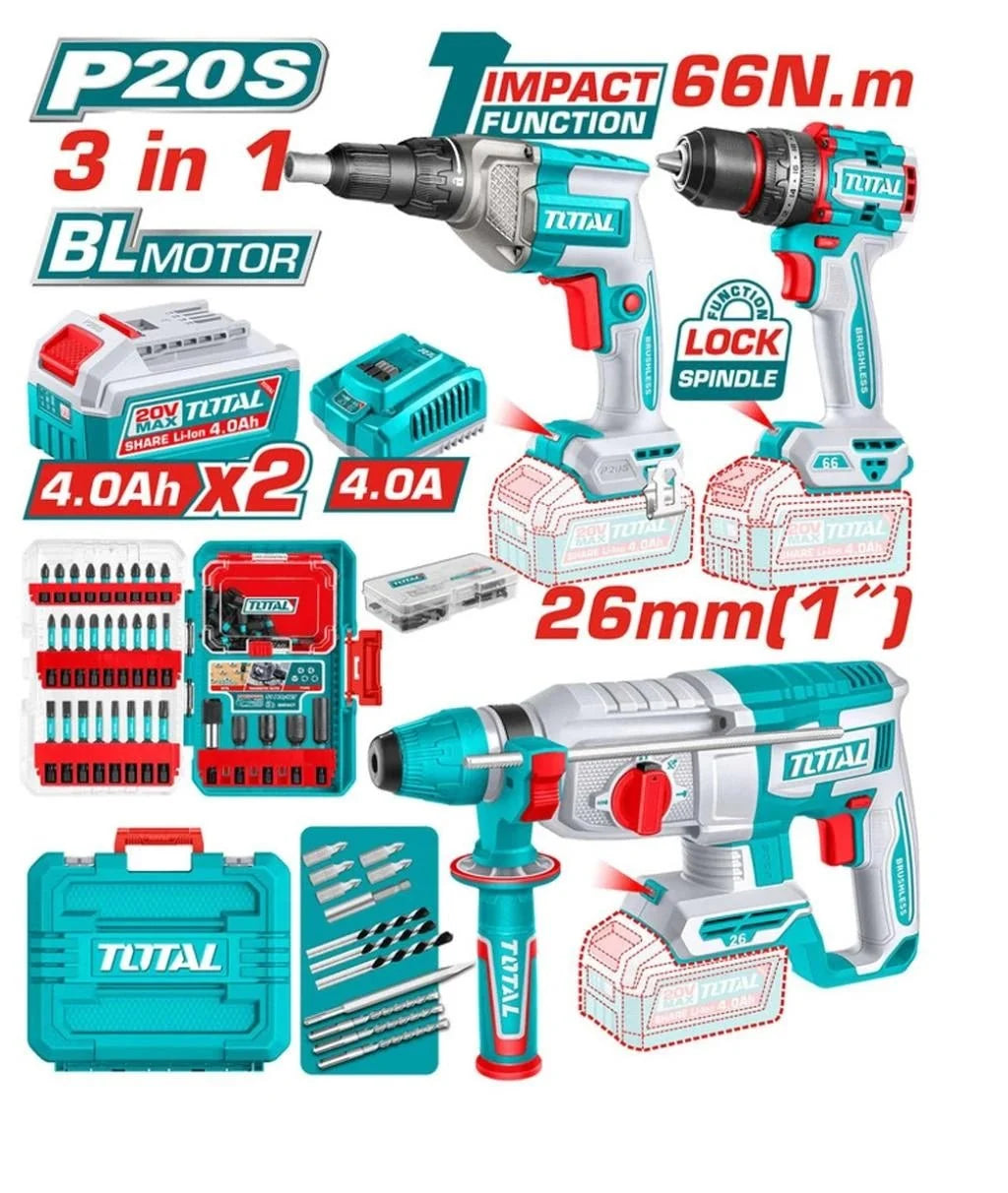 Kit outillage 3 en 1 20V TOTAL perceuse-visseuse à percussion 66 nm 2 batteries TOSLI250591