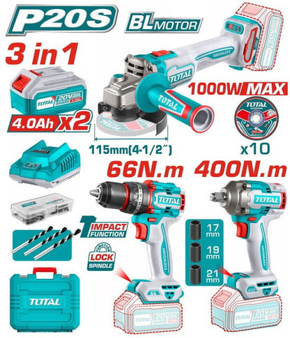 Kit outillage 3 en 1 TOTAL P20S brushless 20V 2x4Ah perceuse clé à chocs meuleuse sans fil TOSLI241291