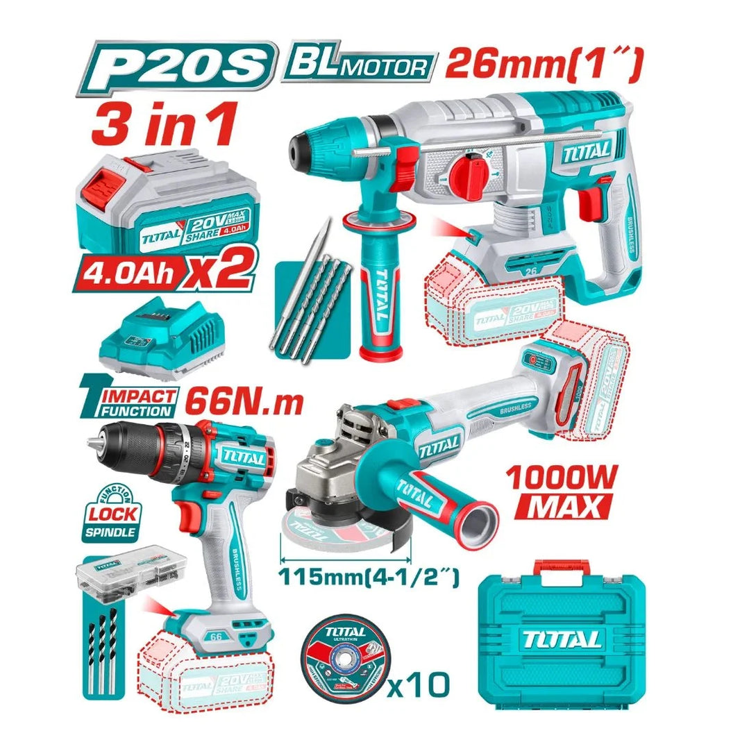 Kit outillage 3 en 1 TOTAL P20S brushless 20V avec 2 batteries 4Ah TOSLI241198