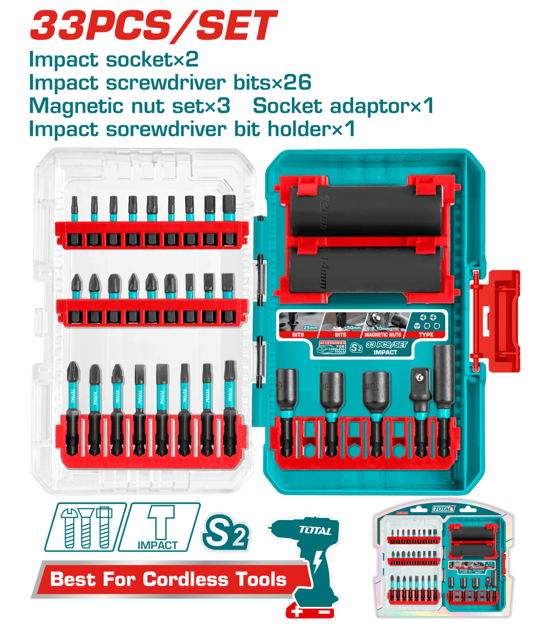 Kit TOTAL 33 pièces embouts douilles à choc acier S2 TACSDL63306