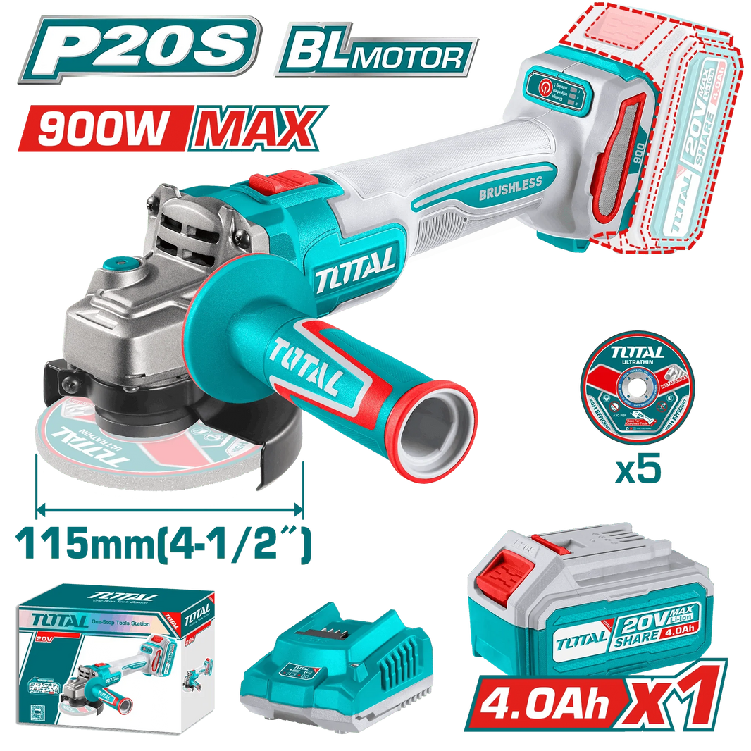 Meuleuse angle brushless 20V P20S 4Ah 115 mm TOTAL TAGLI261521