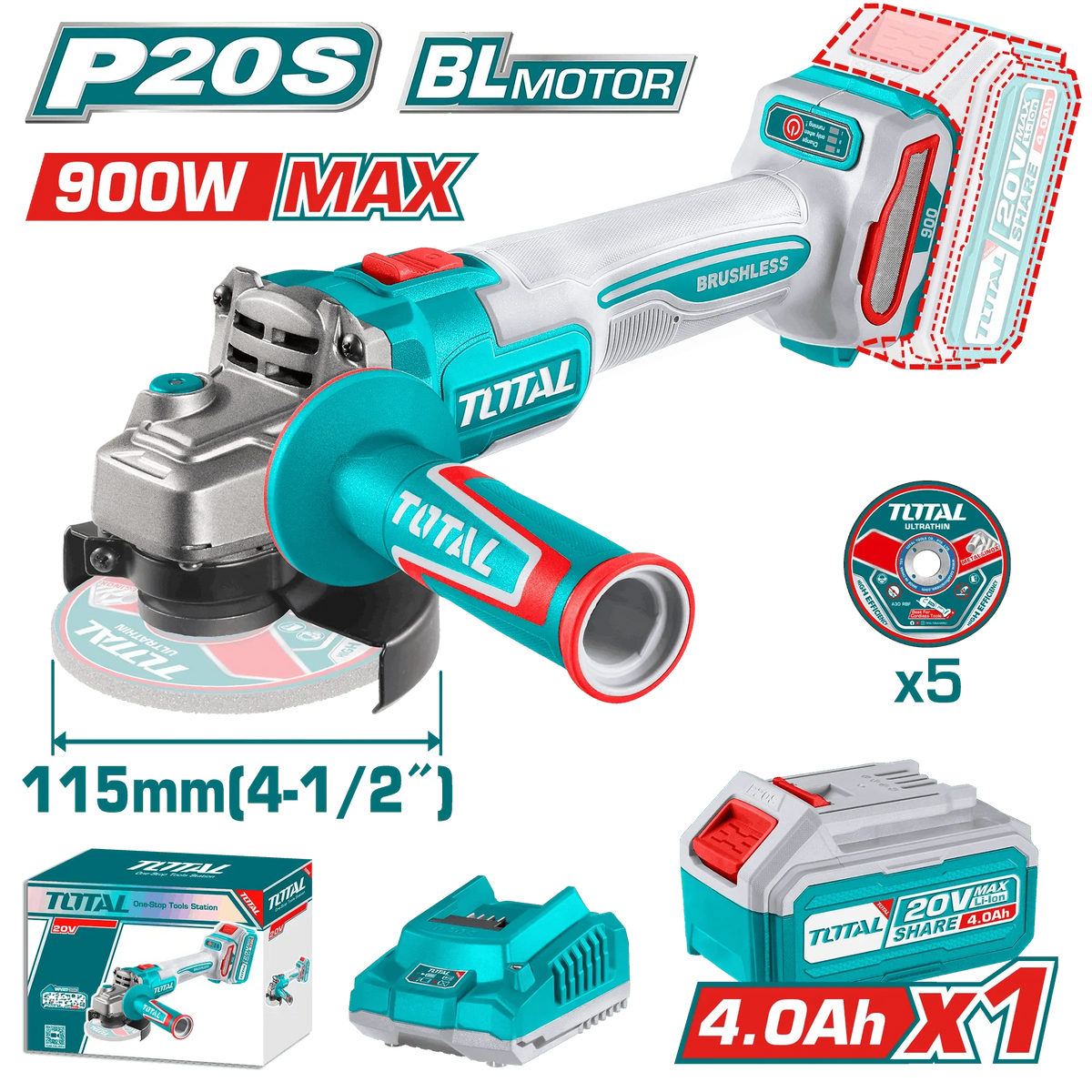Meuleuse angle brushless 20V P20S 4Ah 115 mm TOTAL TAGLI261521