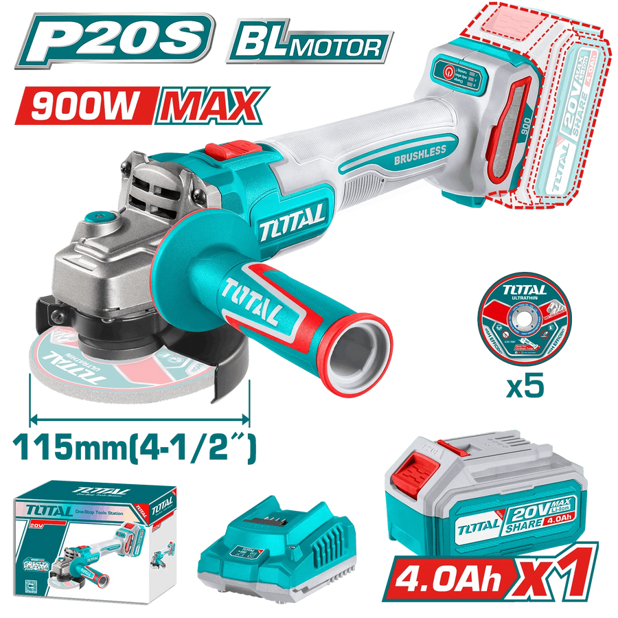 Meuleuse angle brushless 20V P20S 4Ah 115 mm TOTAL TAGLI261521