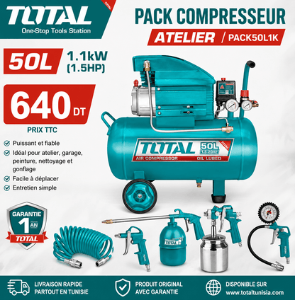 Pack compresseur 50L TOTAL – l’atelier complet pour vos travaux pneumatiques !
