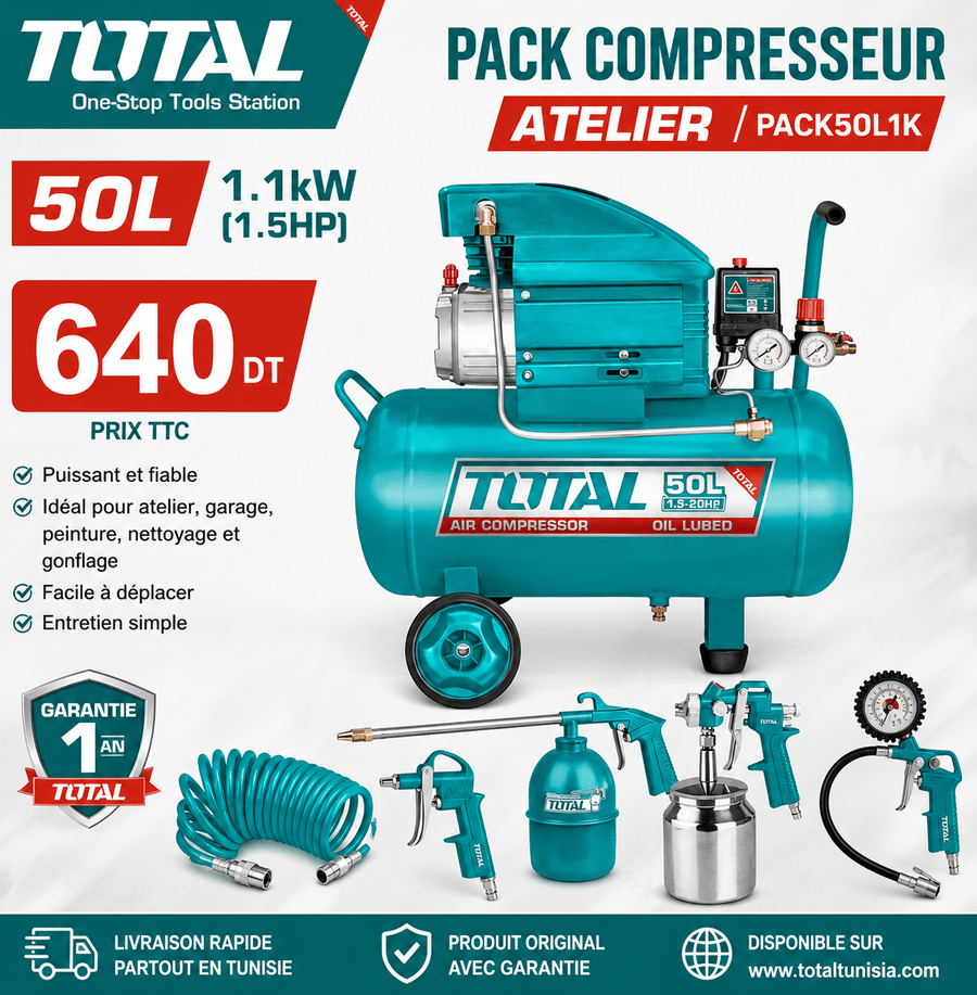Pack compresseur 50L TOTAL – l’atelier complet pour vos travaux pneumatiques !