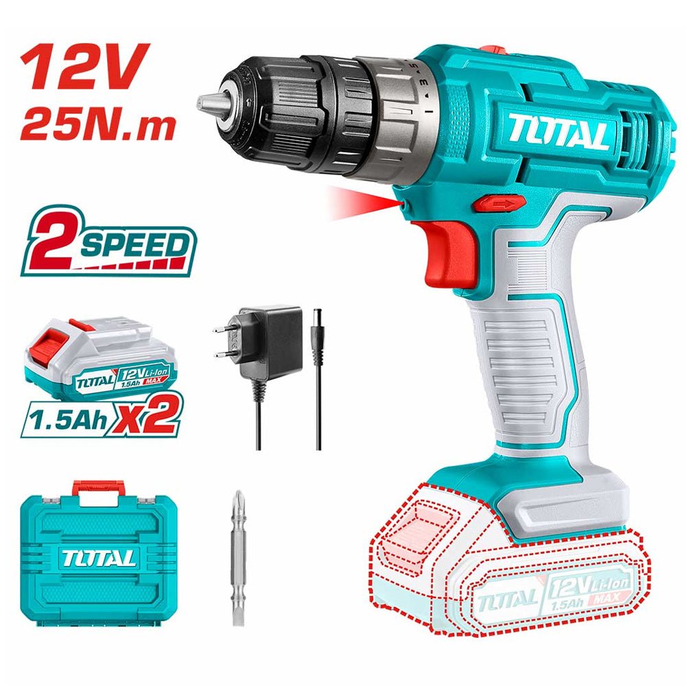 Perceuse sans fil 12V 25 nm 2 vitesses LED lithium ion 1.5Ah x2 TOTAL TDLI1228