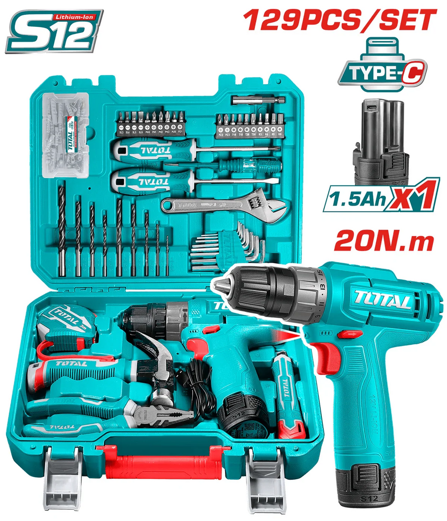 Perceuse visseuse sans fil 12V TOTAL S12 kit 129 pièces type c recharge THKTHP11292