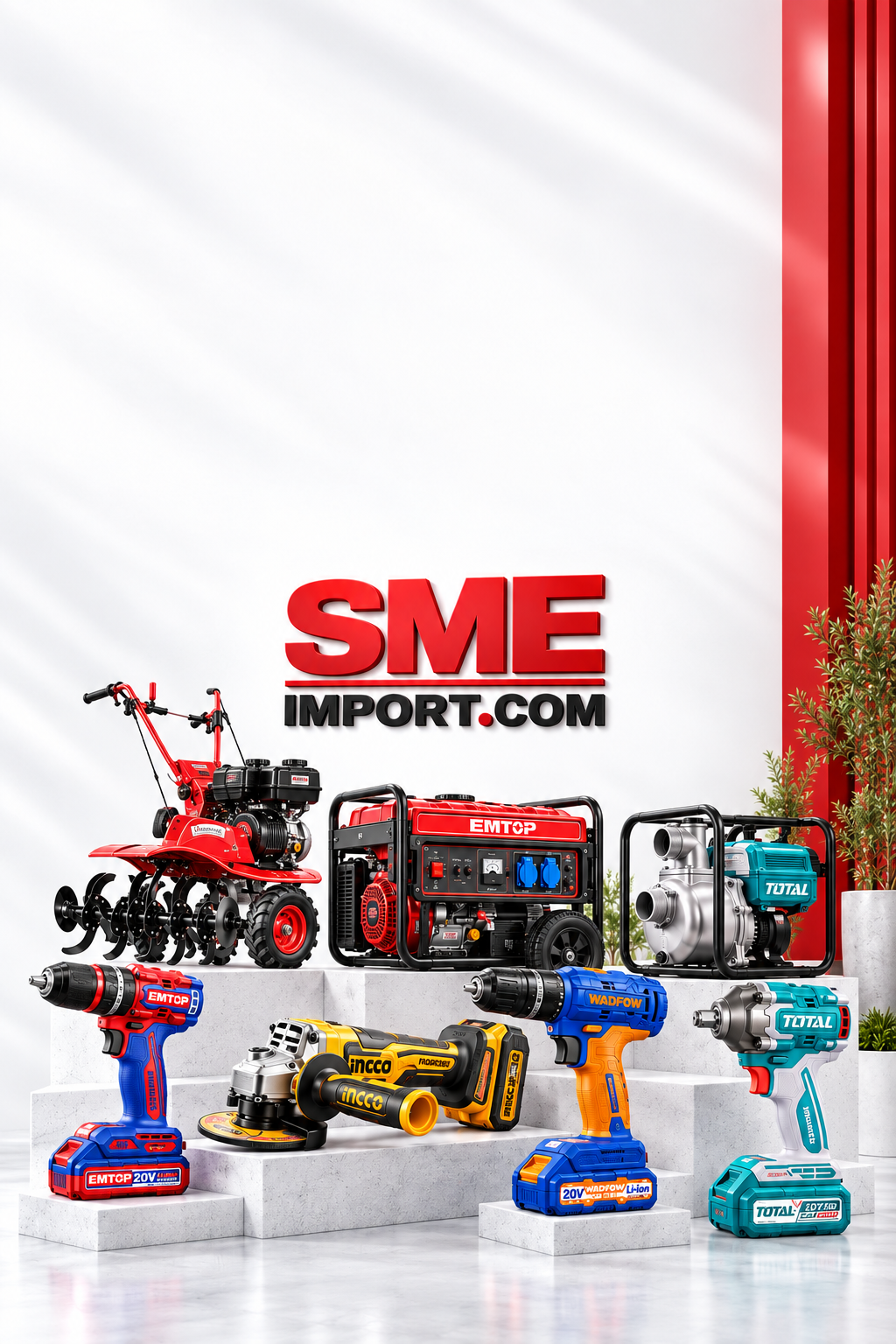 SME Import — visuel commercial mobile multimarque sur fond blanc et rouge.