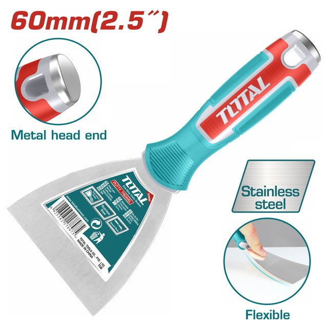 Spatule à enduit 60 mm TOTAL THT83606 acier inoxydable tête métal flexible pour rebouchage et finition