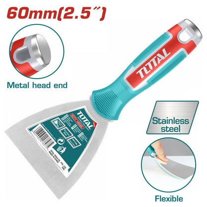Spatule à enduit 60 mm TOTAL THT83606 acier inoxydable tête métal flexible pour rebouchage et finition