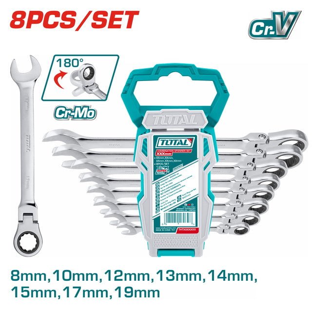 Jeu clés cliquet TOTAL 8 pièces tête orientable à 180 degrés 8 à 19 mm THT102RK586