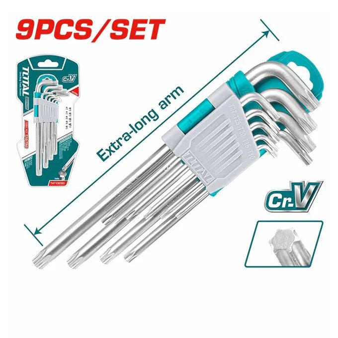 Jeu de clés torx TOTAL long T10 à T50 9 pièces bras extra long Cr-V THT106391
