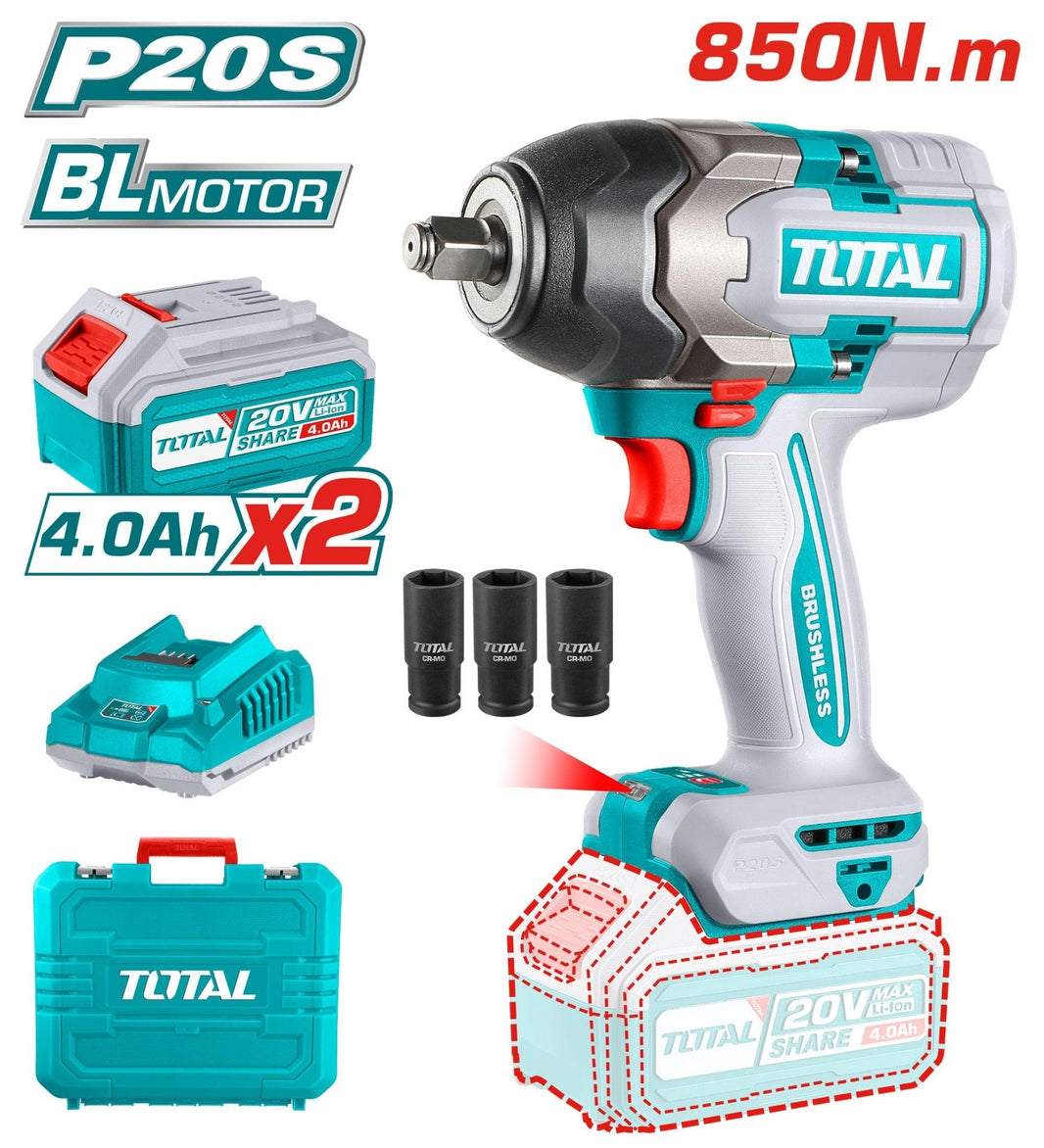 TIWLI2085 clé à chocs sans fil TOTAL 20V 850Nm 2 batteries