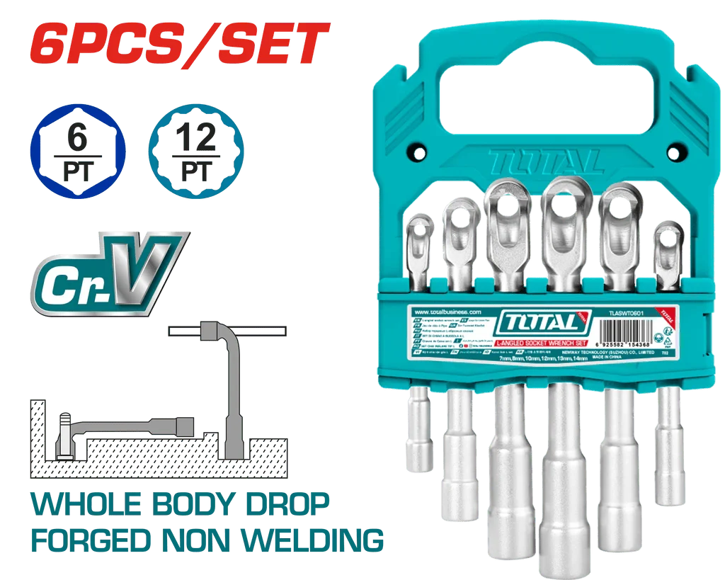 TOTAL clés à douilles coudées 7-14 mm haute performance durable CrV TLASWT0601