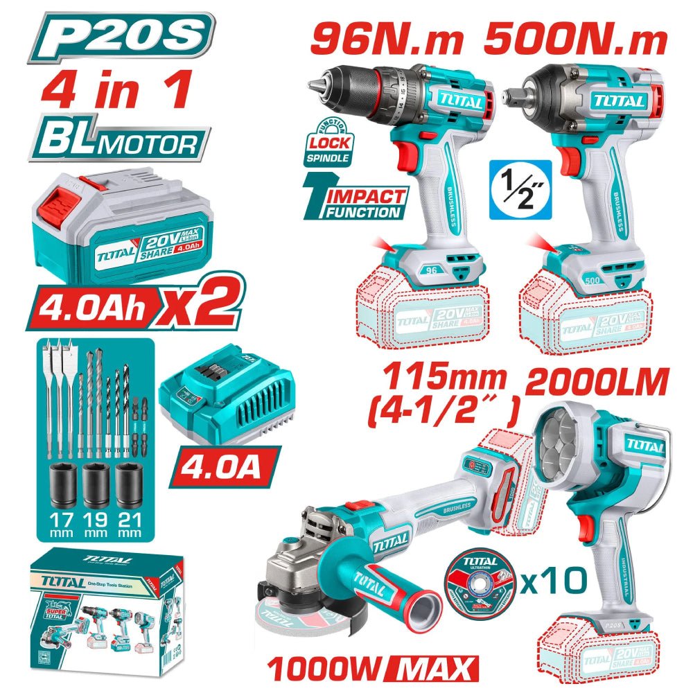 TOSLI241292 kit 4En1 20V brushless TOTAL 500Nm clé à chocs