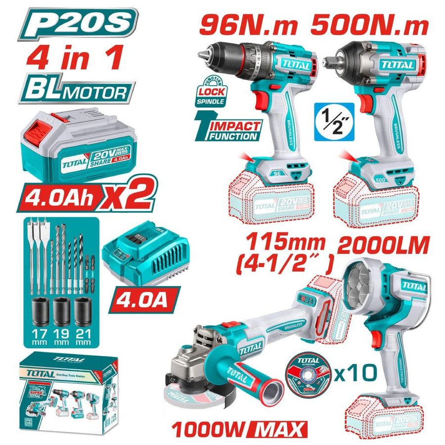 TOSLI241292 kit 4En1 20V brushless TOTAL 500Nm clé à chocs