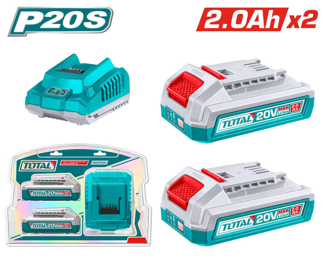 TOTAL chargeur P20S et 2 batteries 20V 2Ah TFBCPK1222