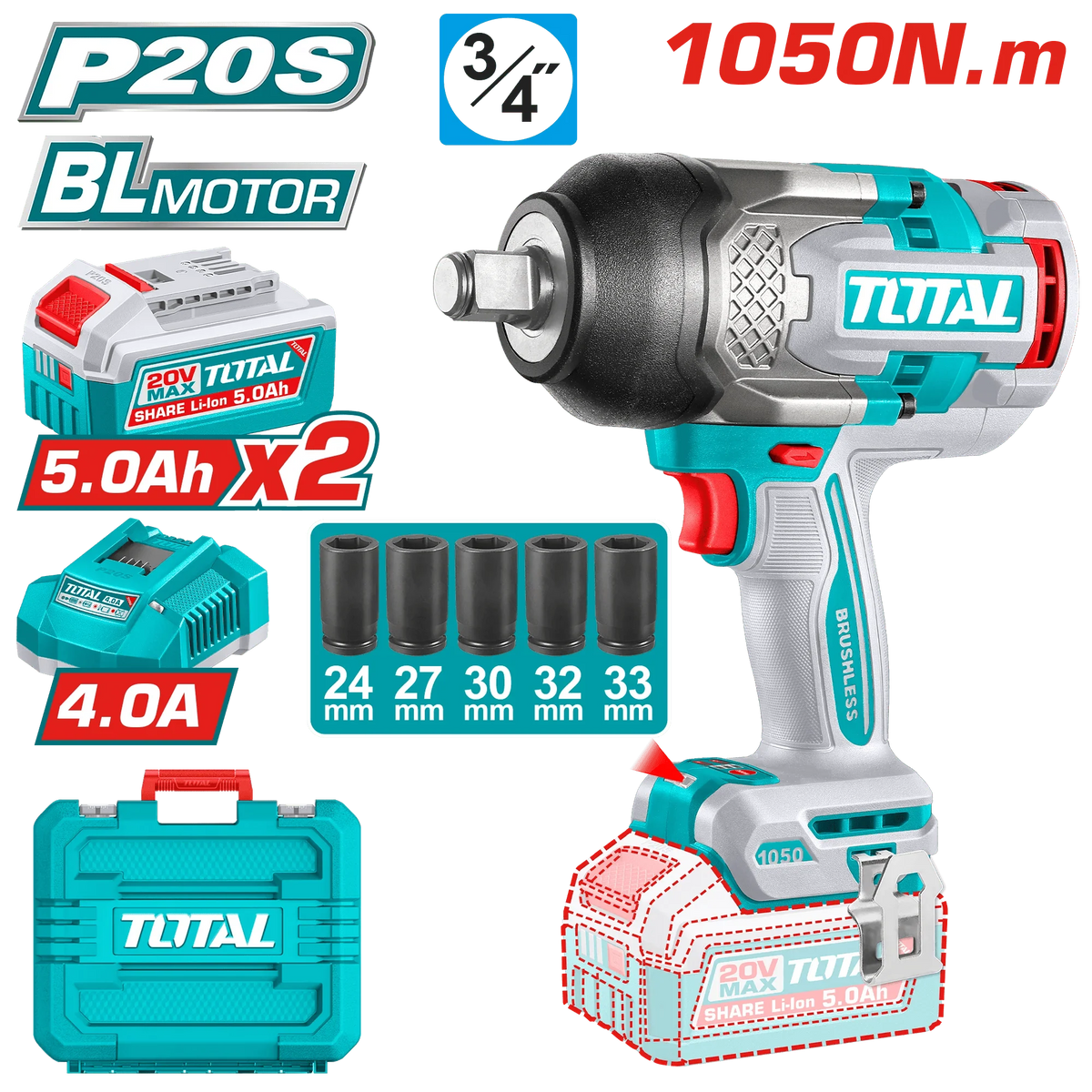 TOTAL clé à choc sans fil 3 sur 4 carré 1050 nm 20 v brushless pro TIWLI20105