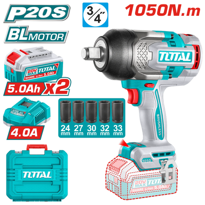 TOTAL clé à choc sans fil 3 sur 4 carré 1050 nm 20 v brushless pro TIWLI20105