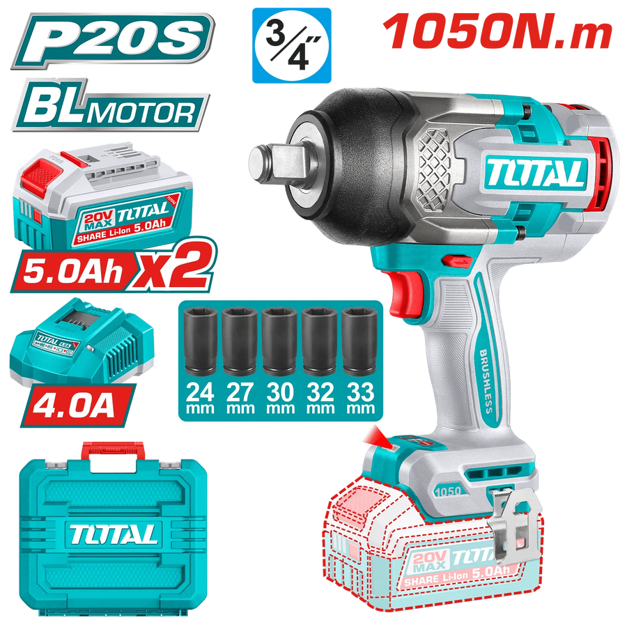 TOTAL clé à choc sans fil 3 sur 4 carré 1050 nm 20 v brushless pro TIWLI20105