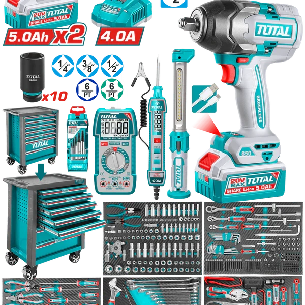 TOTAL clé à chocs sans fil brushless 20 v 850 nm demi pouce 396 pcs THPTCS83962