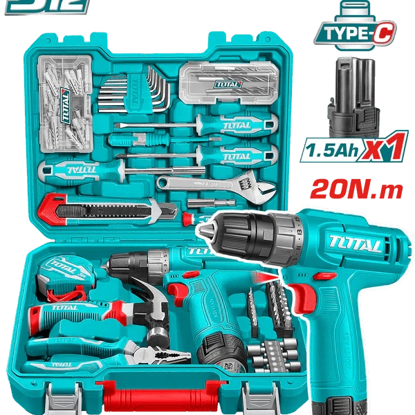 TOTAL coffret outils 12 v 148 pièces avec perceuse visseuse sans fil THKTHP41487