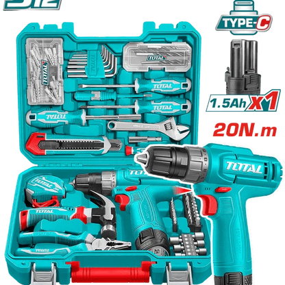 TOTAL coffret outils 12 v 148 pièces avec perceuse visseuse sans fil THKTHP41487