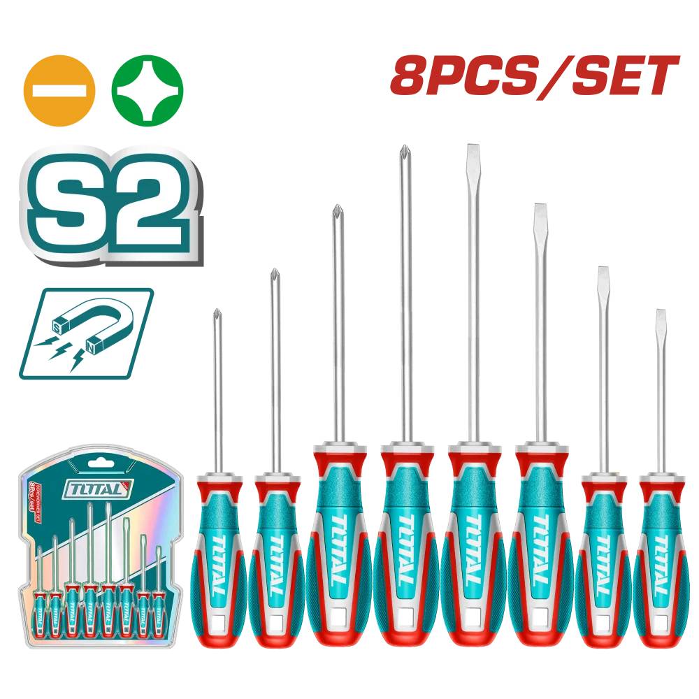TOTAL jeu de 8 tournevis en acier S2 professionnels TKSDS0846