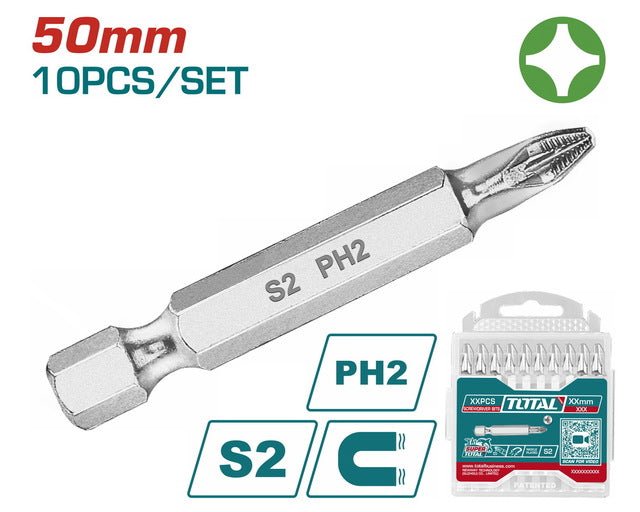 TOTAL jx 10 embouts PH2 acier S2 50 mm boîte fiables tac16ph223