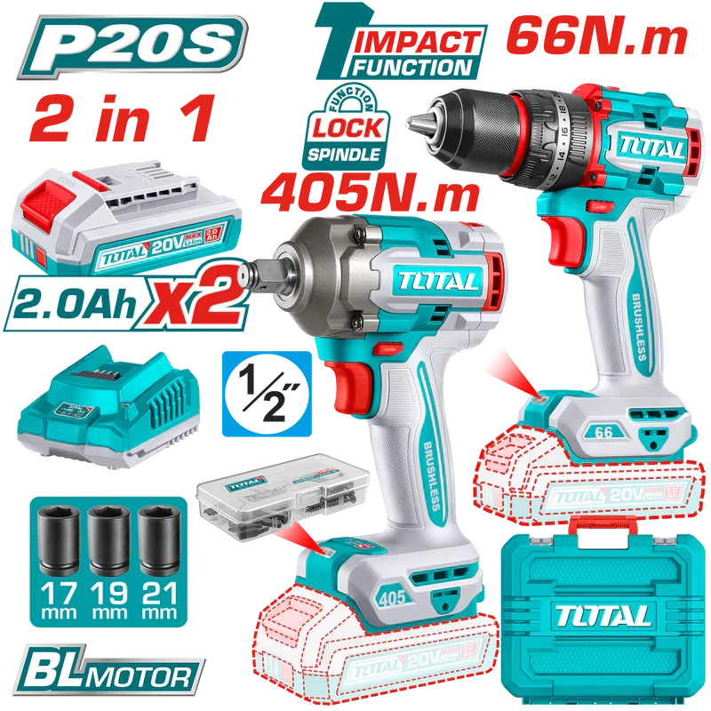 TOTAL kit 2 en 1 brushless 20V avec 2 batteries 2.0Ah TCKLI20286