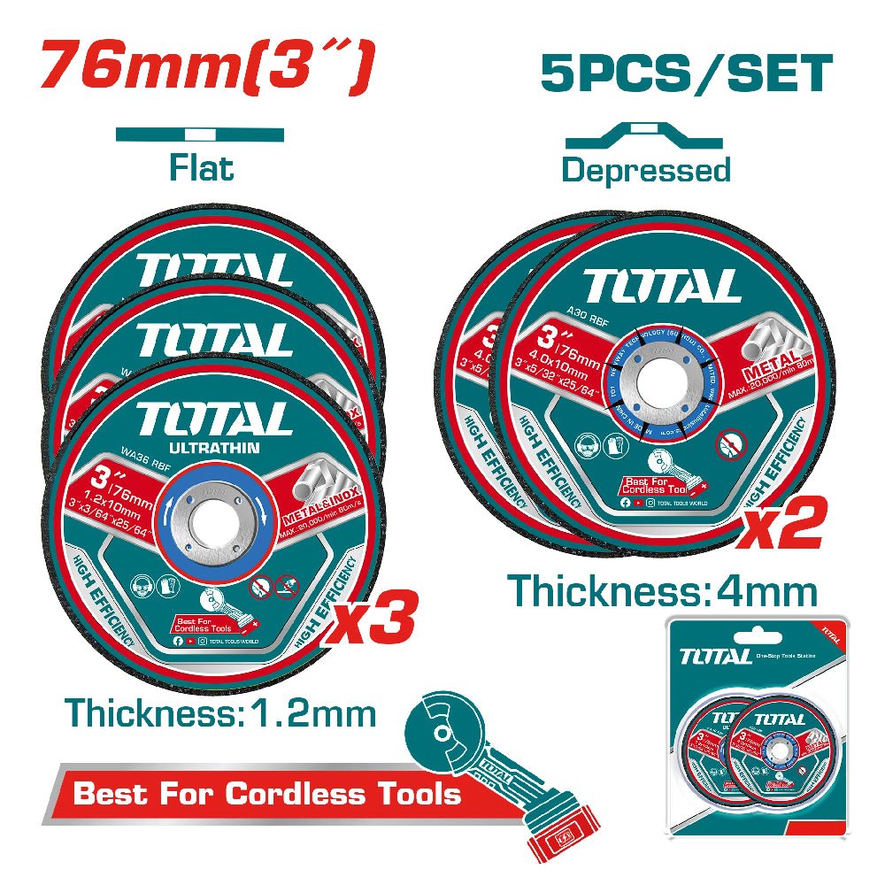 TOTAL kit 5 disques tronçonner 76 mm métal Inox alésage 10 mm 1,2 mm TAC303768