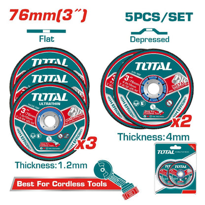 TOTAL kit 5 disques tronçonner 76 mm métal Inox alésage 10 mm 1,2 mm TAC303768