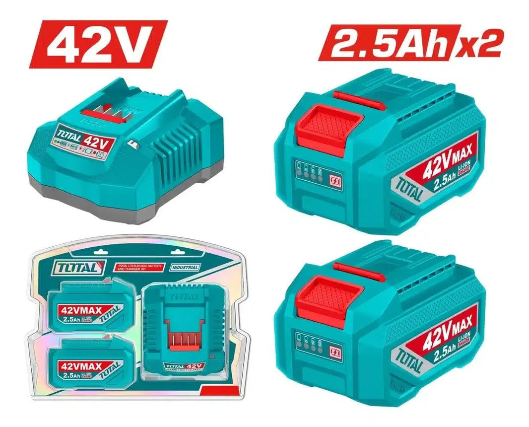 TOTAL kit chargeur rapide et 2 batteries 42V 2.5Ah liion TFBCPM25221