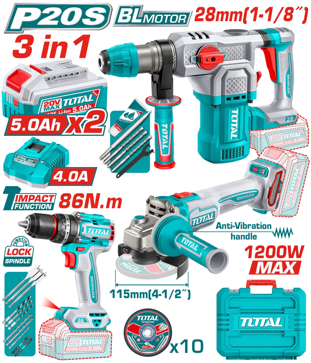 TOTAL P20S brushless 20V 3 outils sans fil avec batteries 5.0Ah TOSLI251195