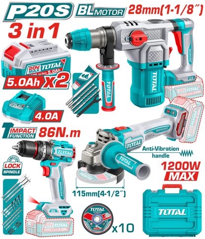 TOTAL P20S brushless 20V 3 outils sans fil avec batteries 5.0Ah TOSLI251195
