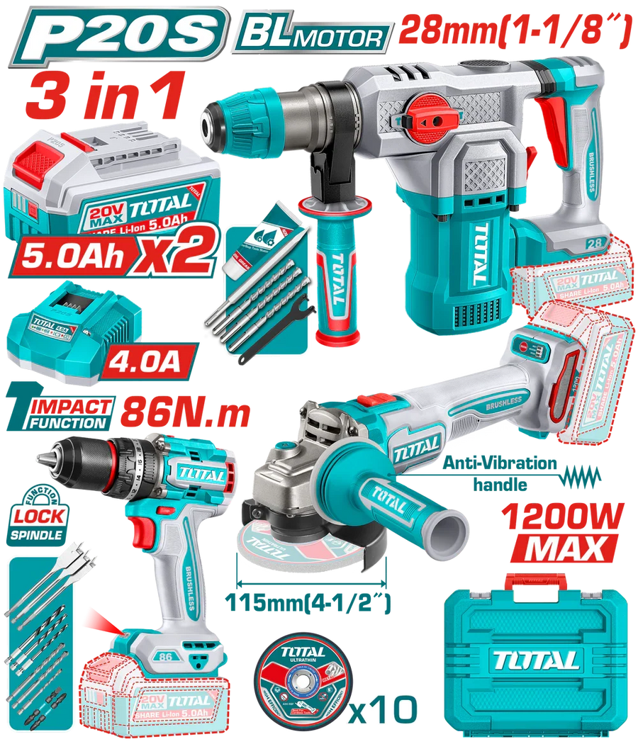 TOTAL P20S brushless 20V 3 outils sans fil avec batteries 5.0Ah TOSLI251195