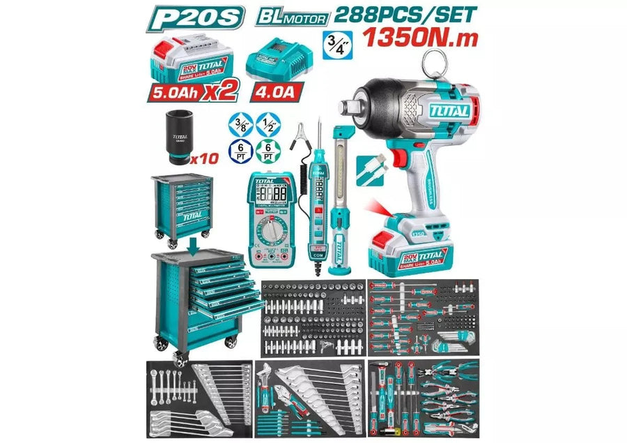 TOTAL P20S coffret 288P 20V brushless clé à choc sans fil servante THPTCS82882