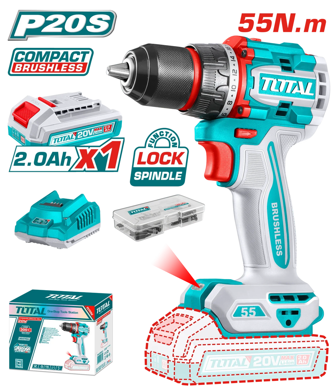 TOTAL P20S perceuse visseuse sans fil 20V brushless compacte 55 nm TDLI205582