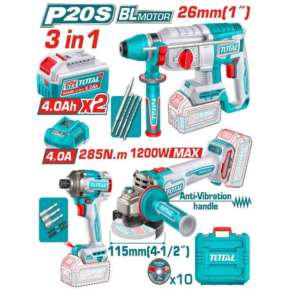 TOTAL pack 3 en 1 perforateur meuleuse visseuse brushless 20V 1200W TOSLI260191