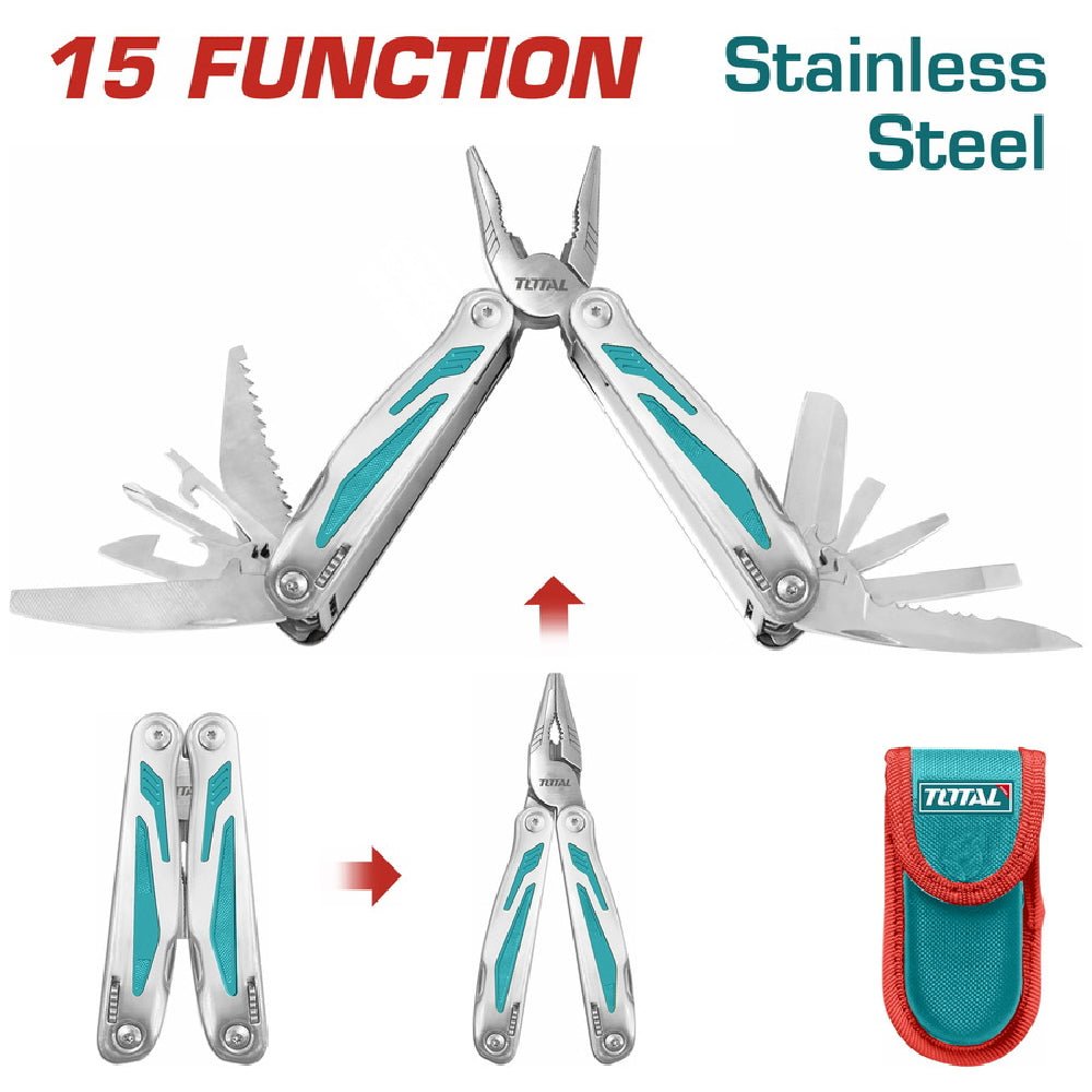 TOTAL pince multifonction pliable 15 fonctions acier inoxydable étui TFMFT01151