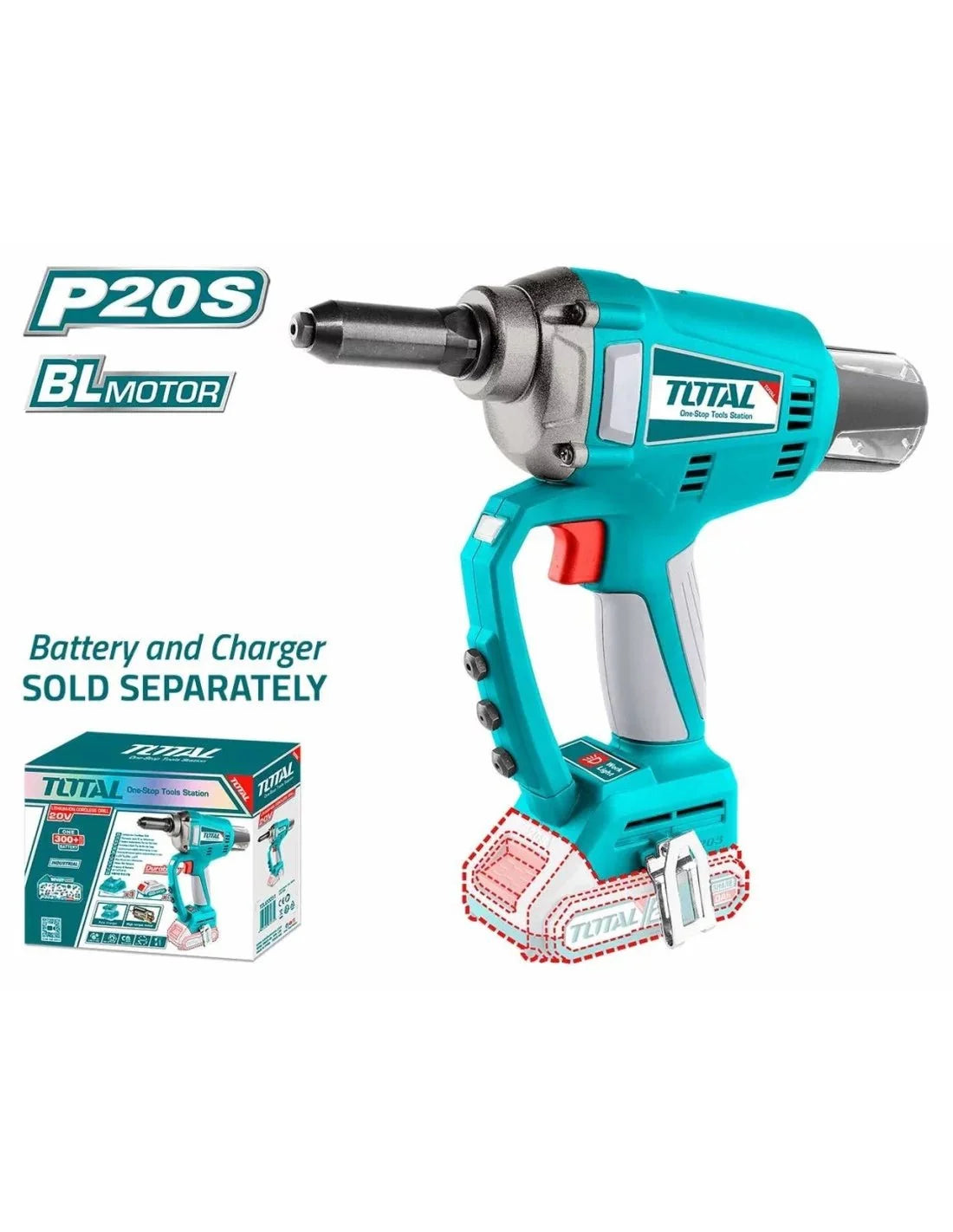 TOTAL riveteuse sans fil 20 v 2 ah brushless 20 kn 25 mm éclairage TRTLI2005