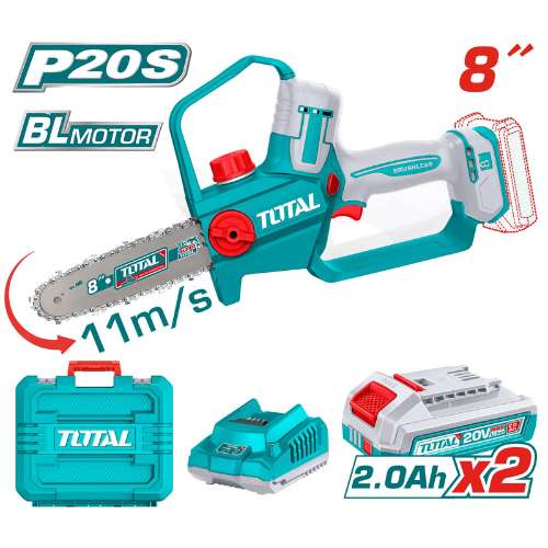 TOTAL scie à chaîne sans fil 8 pouces brushless 20V P20S 2 batteries TGSLI20882