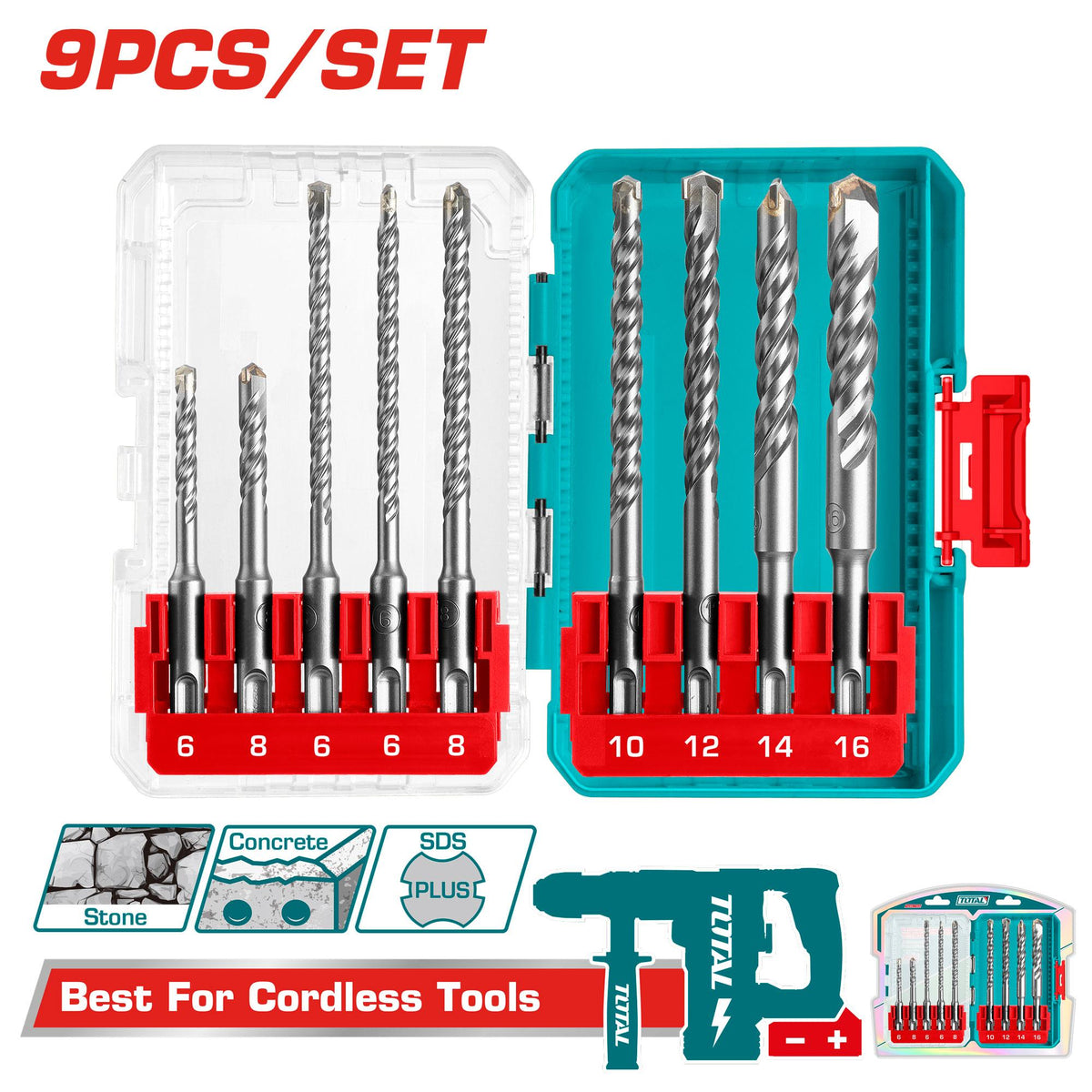 TOTAL ensemble 9 forets SDS plus 6-16 mm puissance et fiabilité béton TACSDL30906