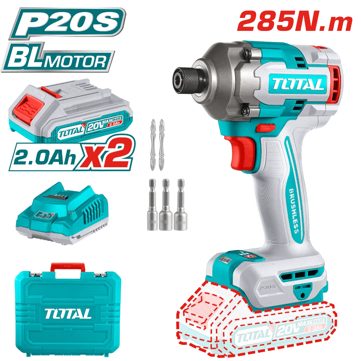 TOTAL visseuse à choc sans fil P20S 20 v brushless 285 nm kit 2x2Ah TIRLI2028
