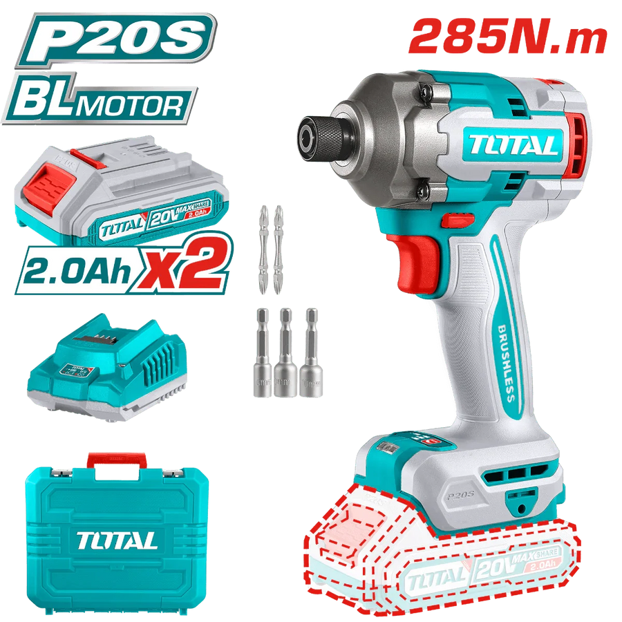 TOTAL visseuse à choc sans fil P20S 20 v brushless 285 nm kit 2x2Ah TIRLI2028