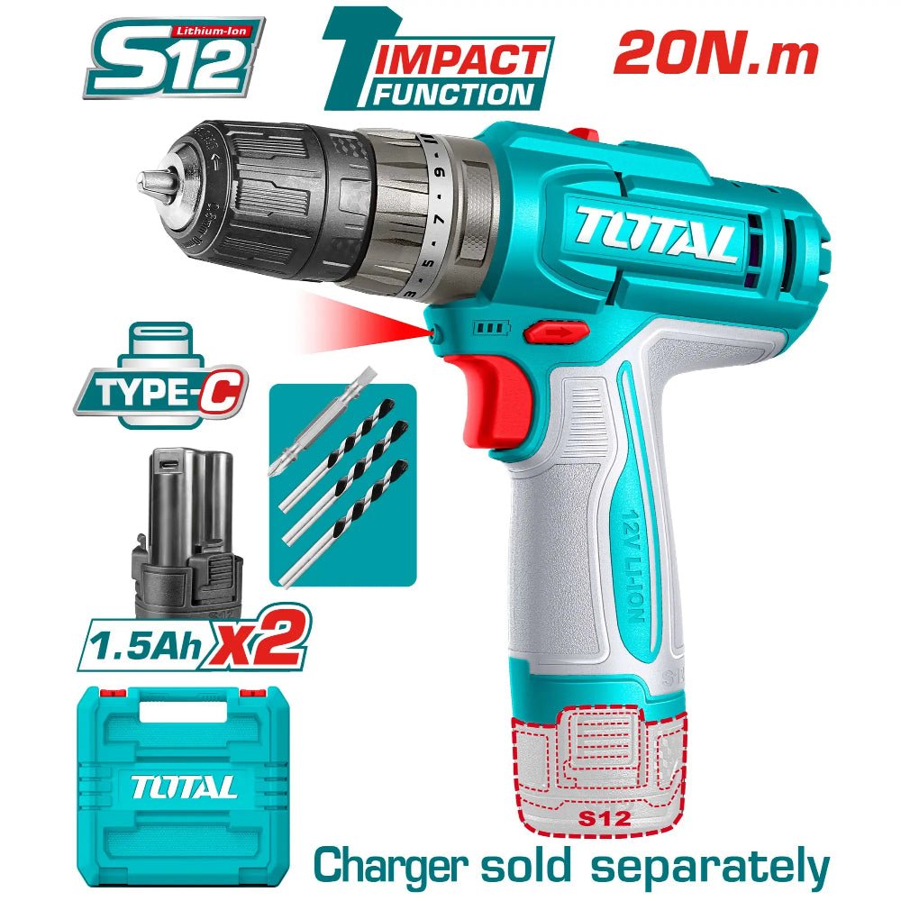 TOTAL visseuse perc 12V 3 en 1 1,5Ah deux batteries avec 3 mèches TIDLI12206