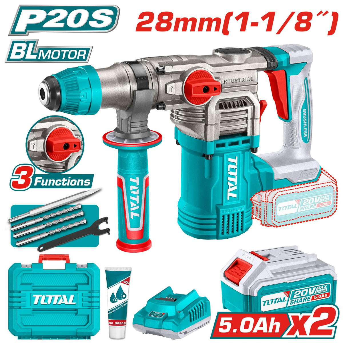 TRHLI202885-Marteau perforateur TOTAL 20V 5Ah sans fil 4.5J